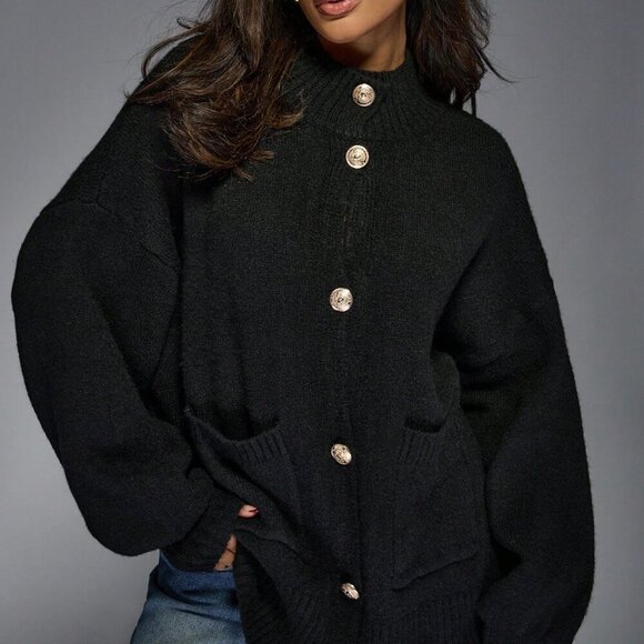 Black Casual Women's Knitted Button Drop Shoulder Long Sleeves Cardigan - Picture 4 of 6